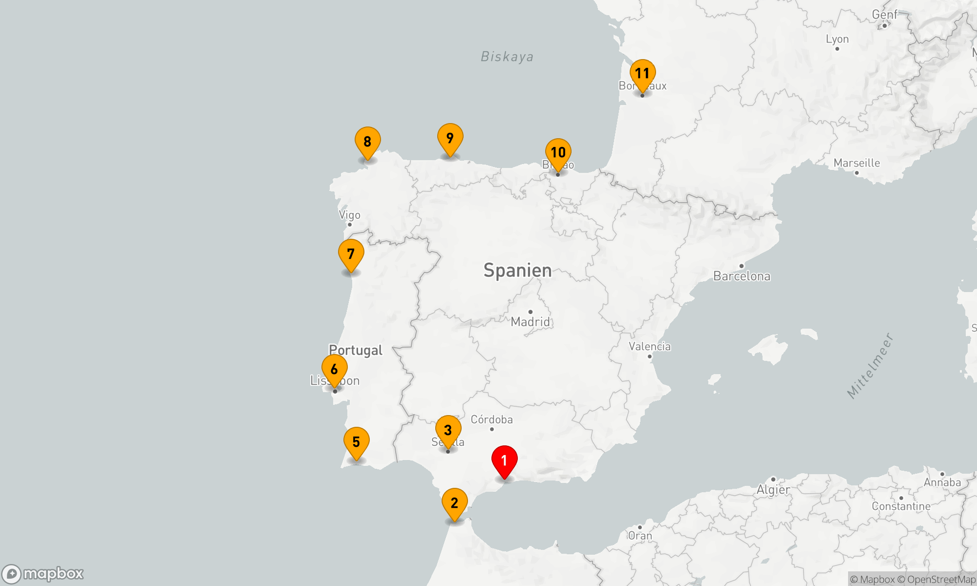 Route 11 Nächte - Wein und kulinarische Köstlichkeiten aus Spanien,  Portugal und Frankreich