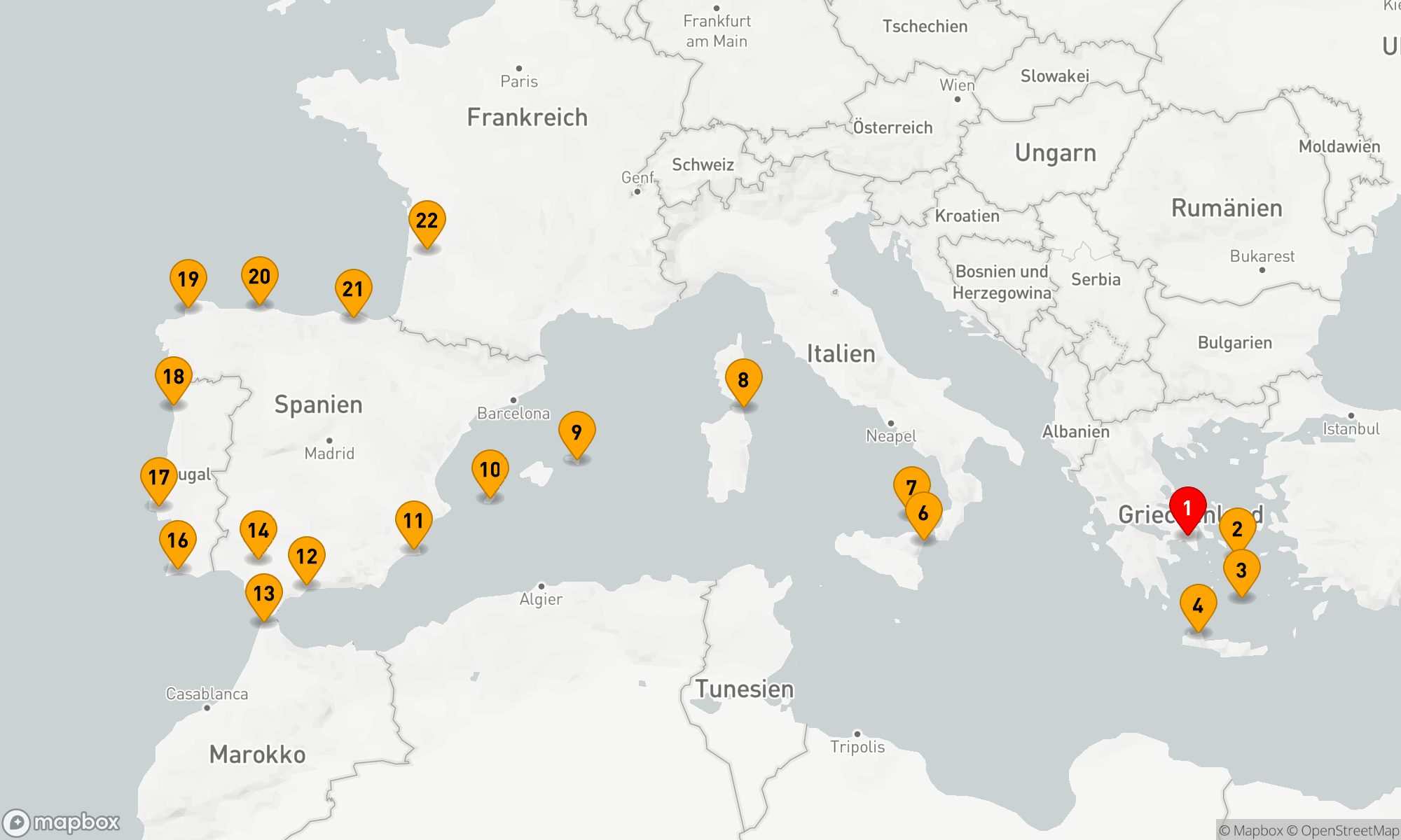 Route 22 Nächte - Ultimative mediterrane Köstlichkeiten: Von Athen nach Bordeaux