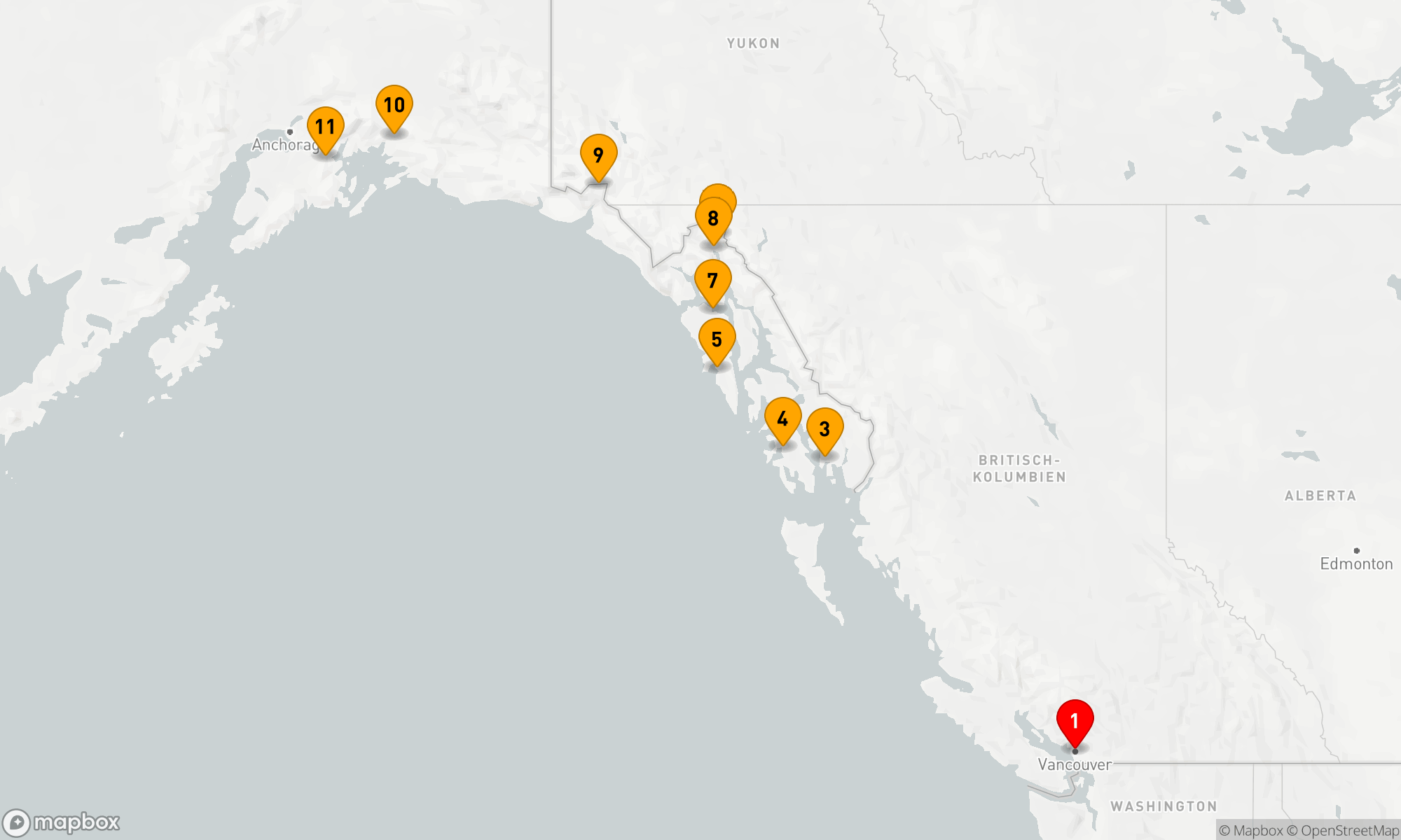 Route 10 Nächte - ALASKA-KREUZFAHRT: KETCHIKAN,  SKAGWAY & HUBBARD GLETSCHER