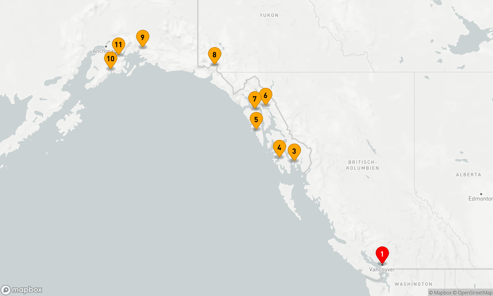 Route 10 Nächte - ALASKA-KREUZFAHRT: KETCHIKAN,  JUNEAU & HUBBARD GLETSCHER