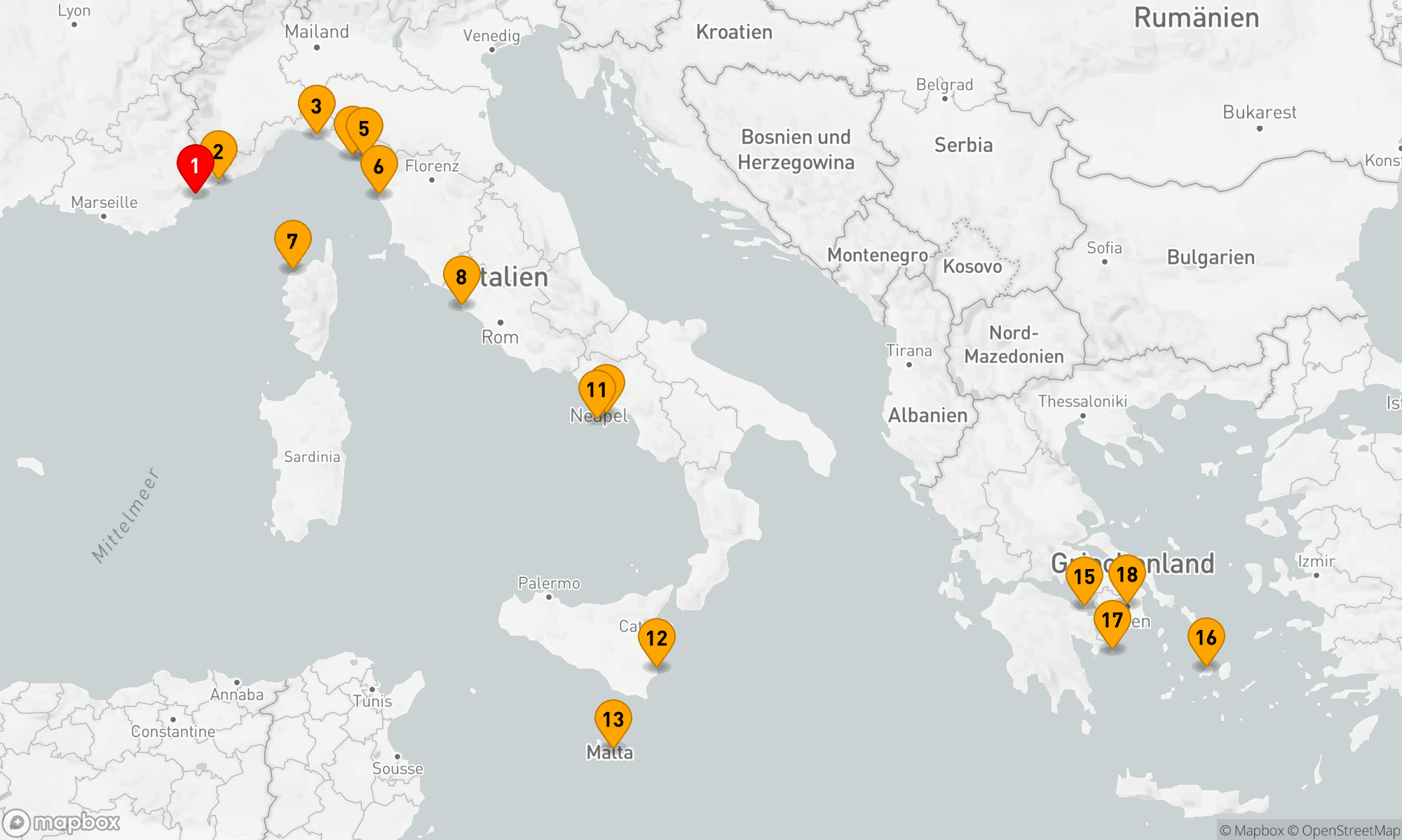 Route 17 Nächte - Entdecken Sie das Mittelmeer von Cannes bis Athen