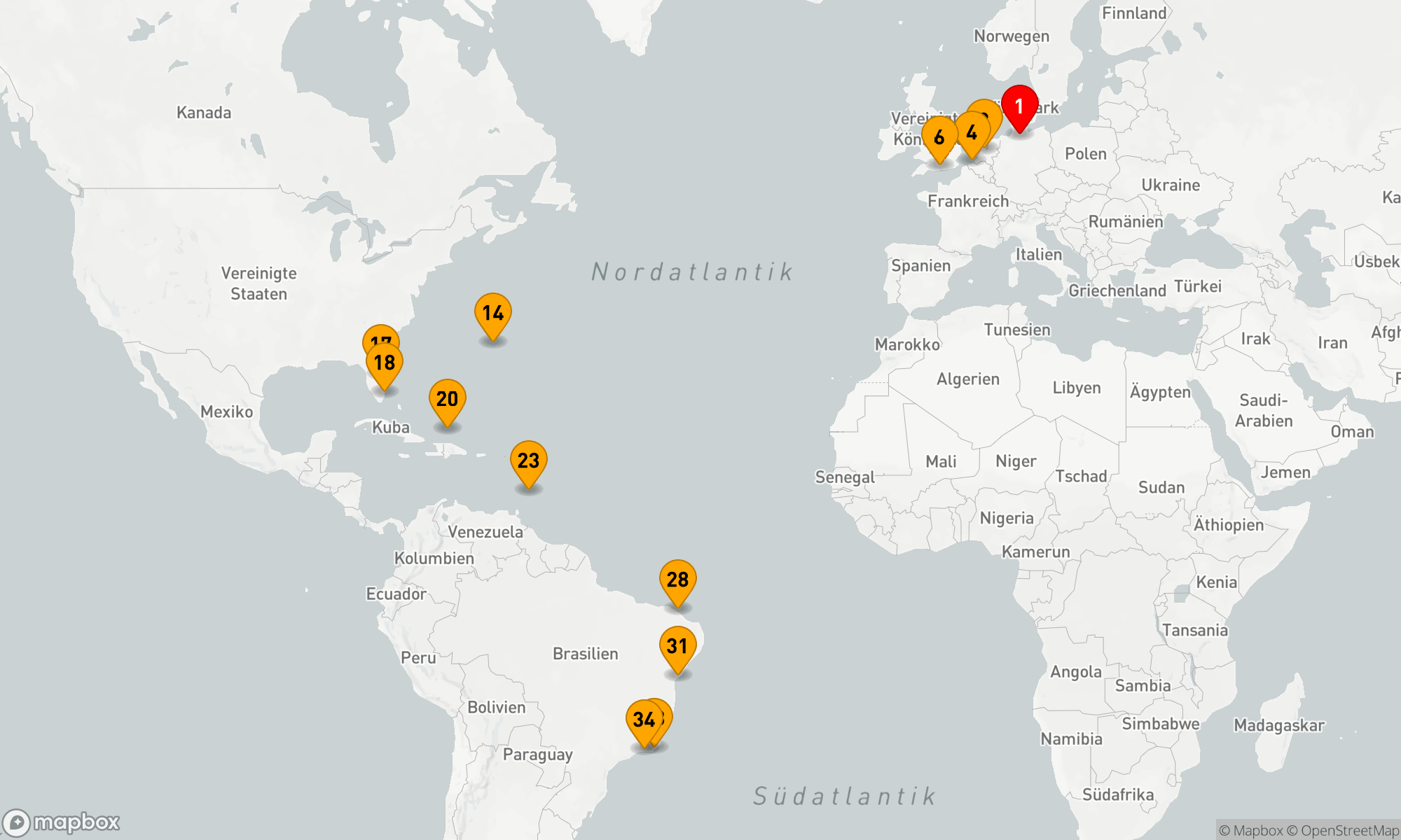 Route 34 Nächte - Transatlantik - Karibik - Brasilien ab Hamburg (H702D)