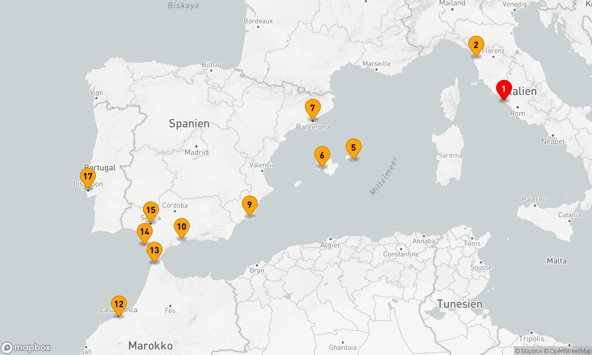 Route 17 Nächte - MITTELMEER- UND IBERISCHE NEUJAHRSKREUZFAHRT: ITALIEN,  SPANIEN UND MAROKKO
