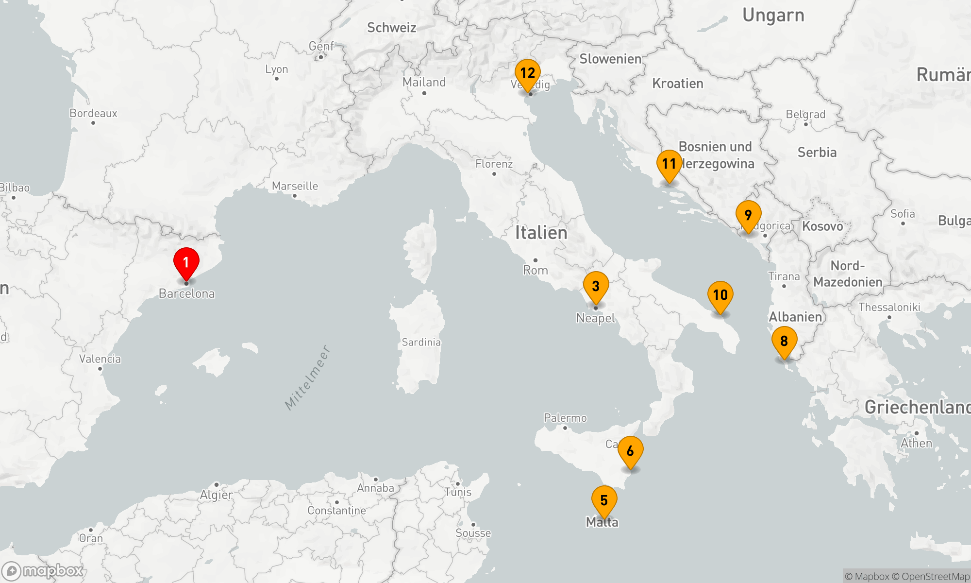 Route 11 Nächte - Mediterrane Städtezauber: Von Kunst zu Küstenwundern