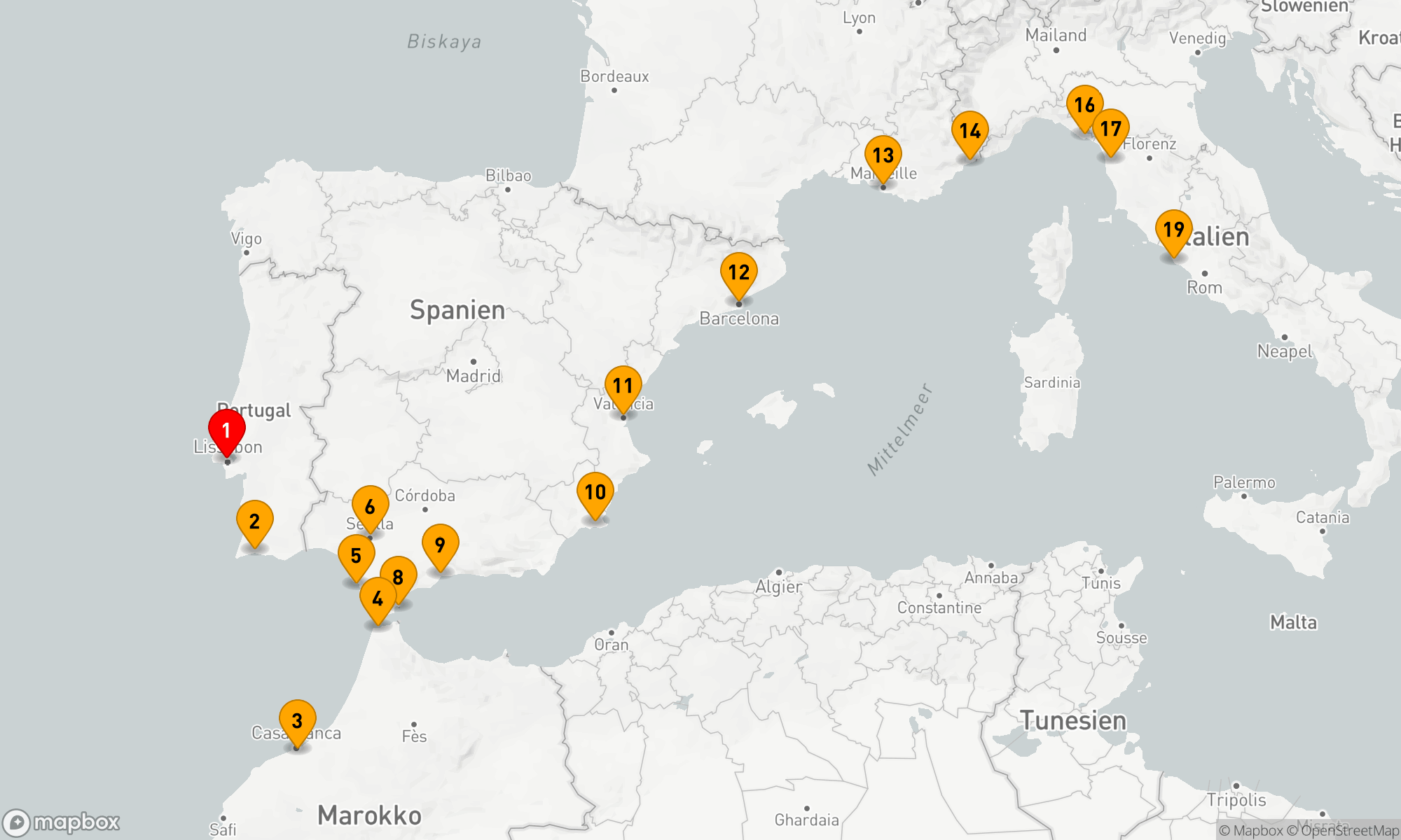 Route 18 Nächte - MITTELMEER & NORDAFRIKA REISE: PORTUGAL,  MAROKKO & ITALIEN