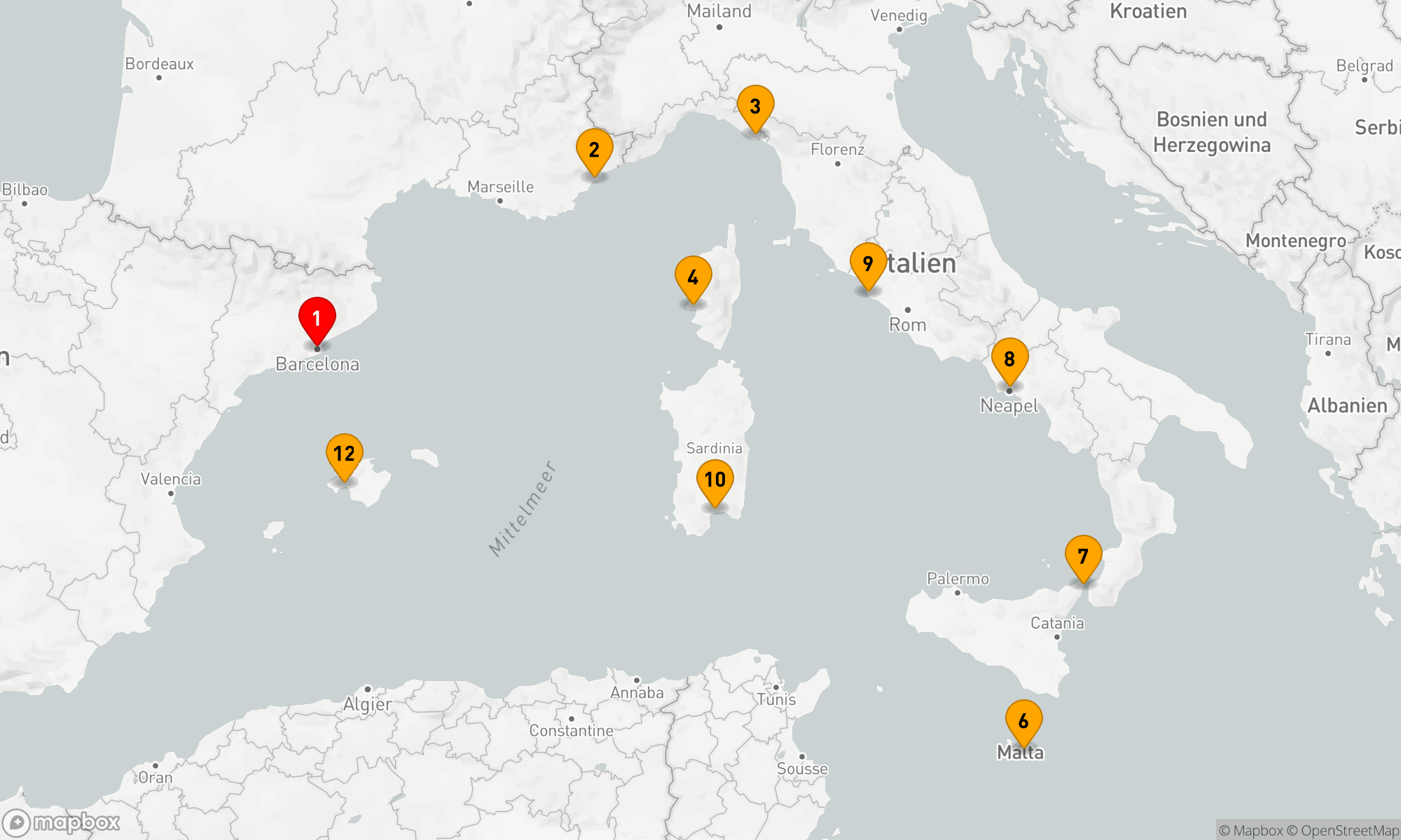 Route 12 Nächte - ITALIEN,  FRANKREICH,  SPANIEN & MALTA