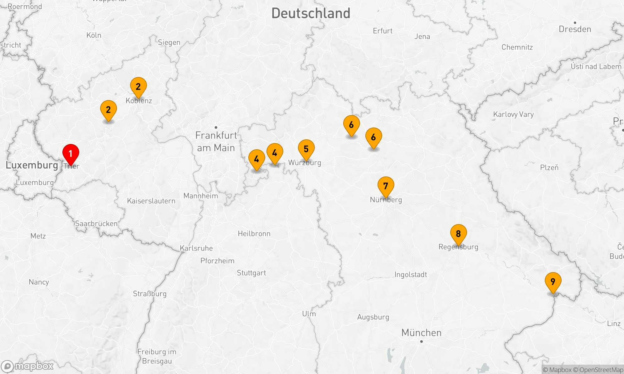 Route 8 Nächte - Deutsche Flusslandschaften von Trier nach Passau