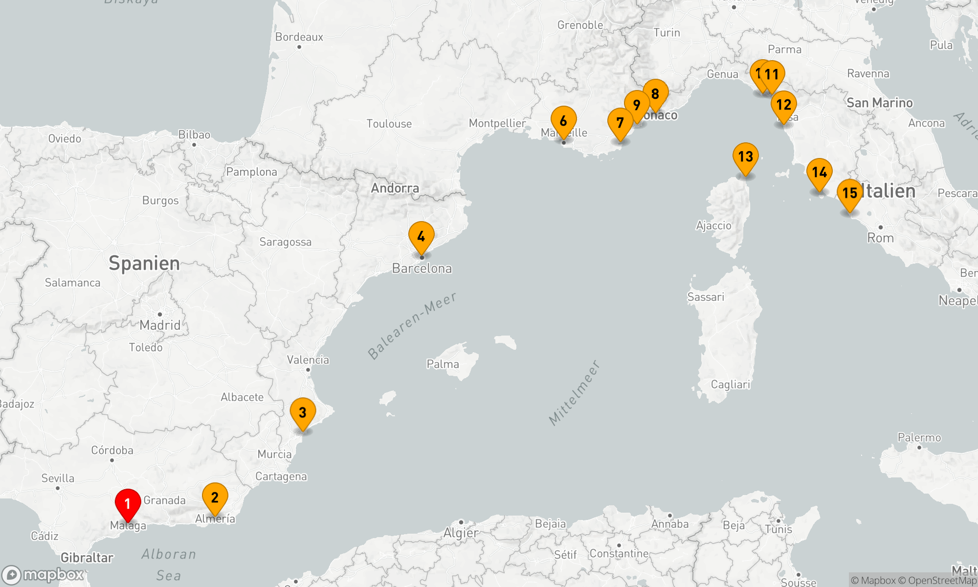 Route 14 Nächte - Mittelmeer-Odyssee: Spanien,  Italien und die Côte d'Azur