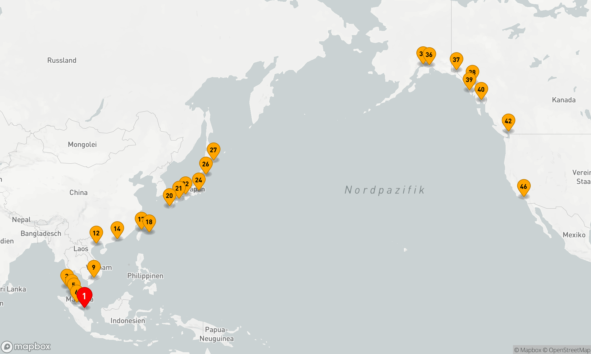 Route 46 Nächte - Nordpazifik - Singapur nach Los Angeles
