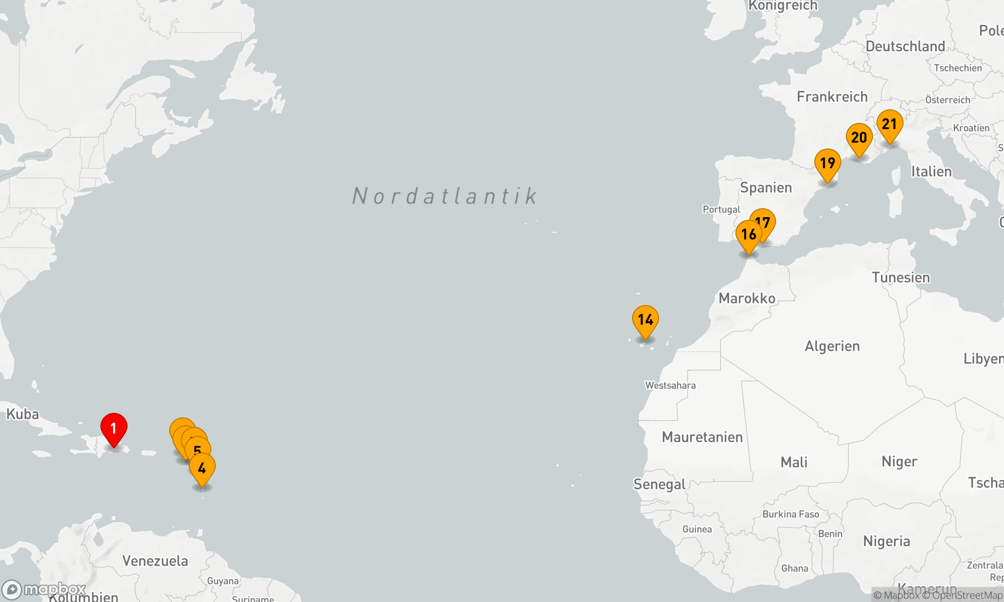 Route 20 Nächte - Kreuzfahrt der karibischen und europäischen Entdeckungen