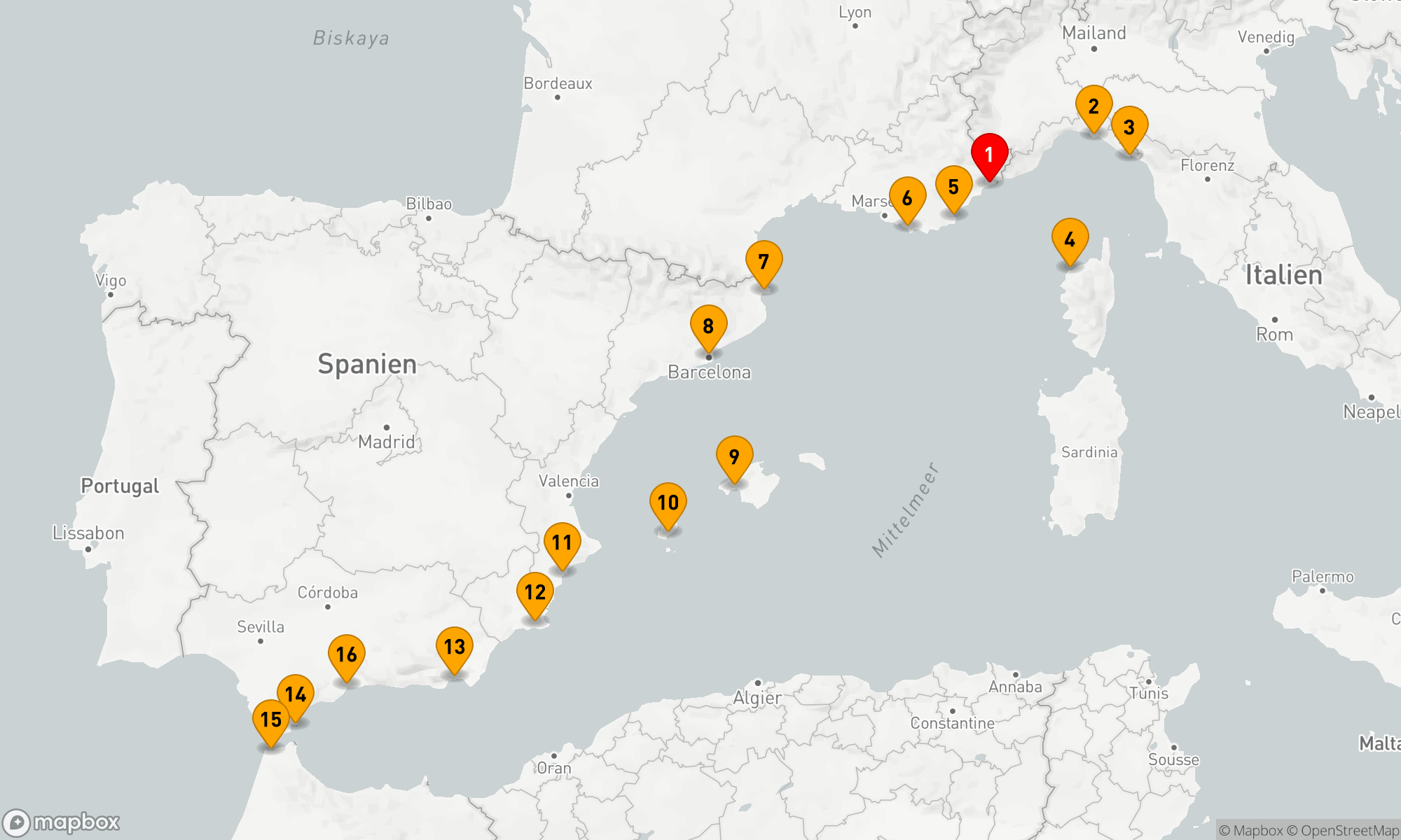 Route 15 Nächte - Entdecken Sie die französische und spanische Riviera
