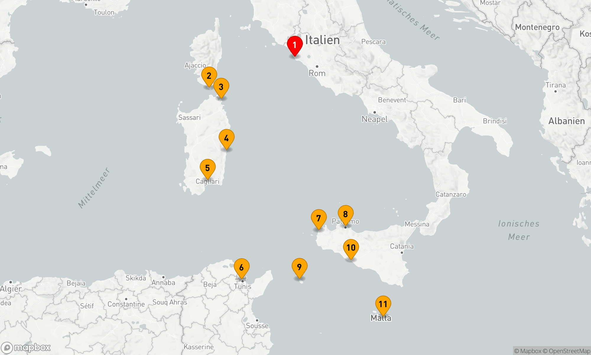 Route 11 Nächte - Gemütliche Inseln im Mittelmeer: Korsika,  Sardinien & Sizilien