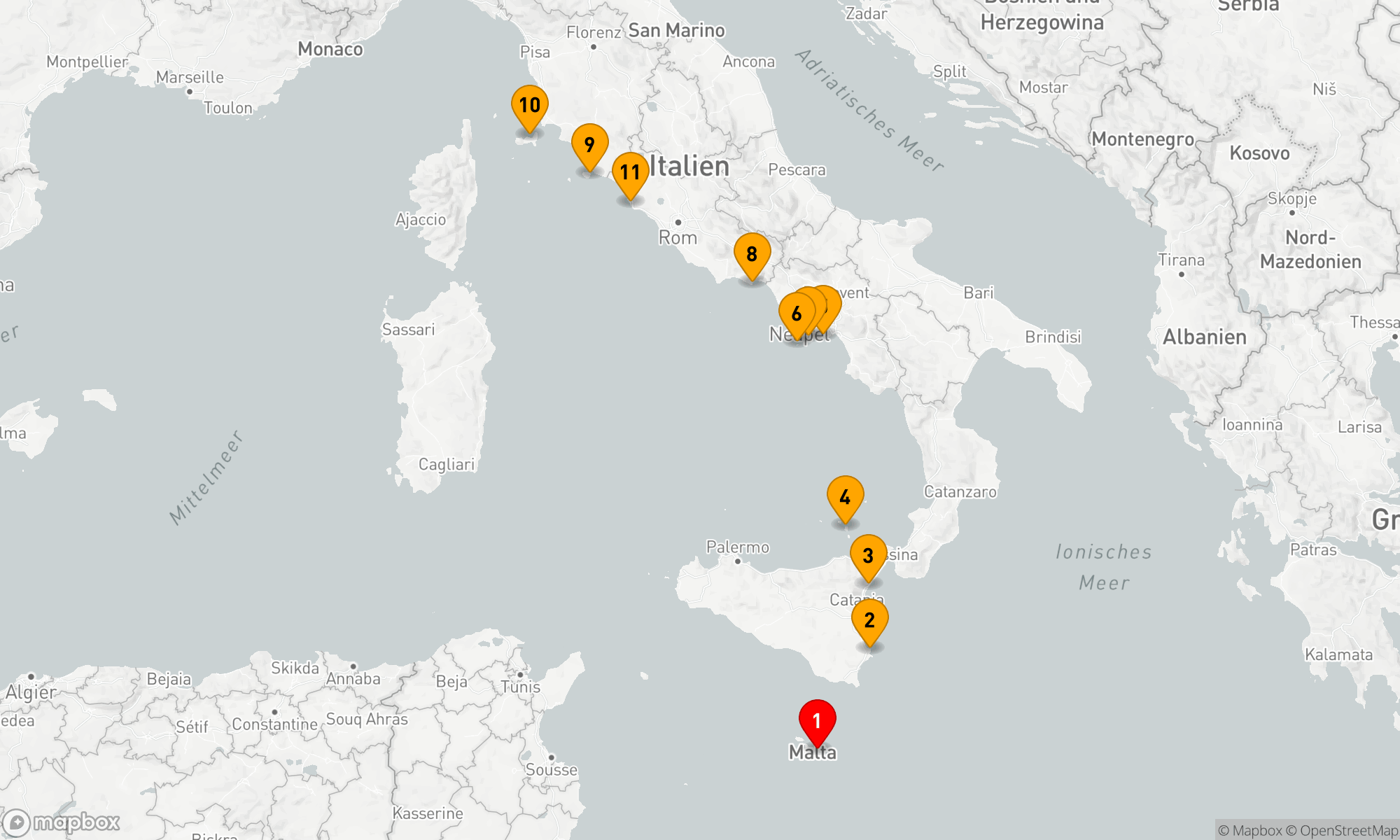 Route 10 Nächte - Kreuzfahrt von Sizilien nach Elba über die Amalfiküste