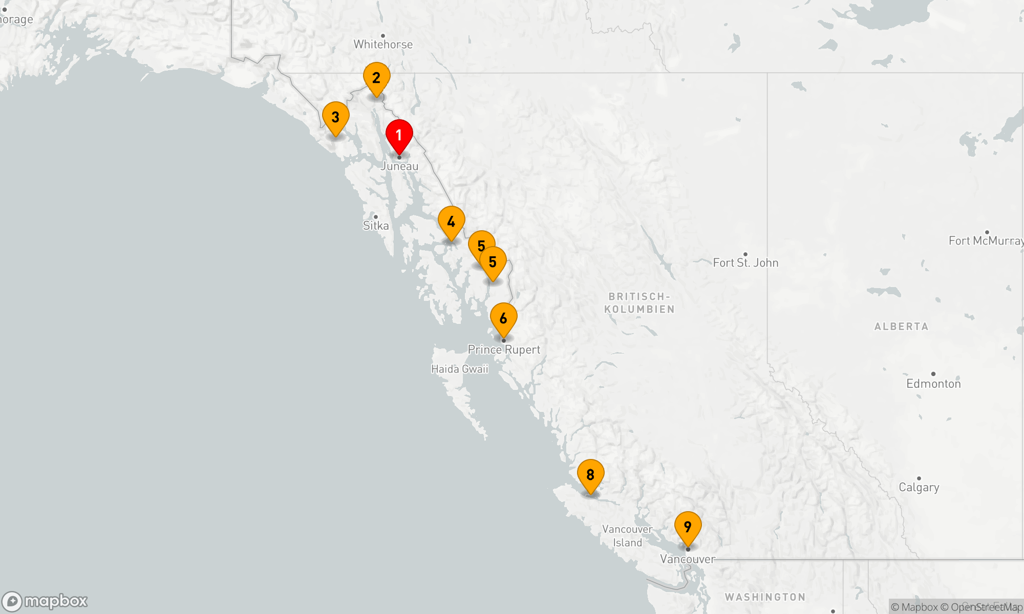 Route 8 Nächte - ALASKAS FJORDE,  KANADISCHE INNENPASSAGE & GLACIER BAY