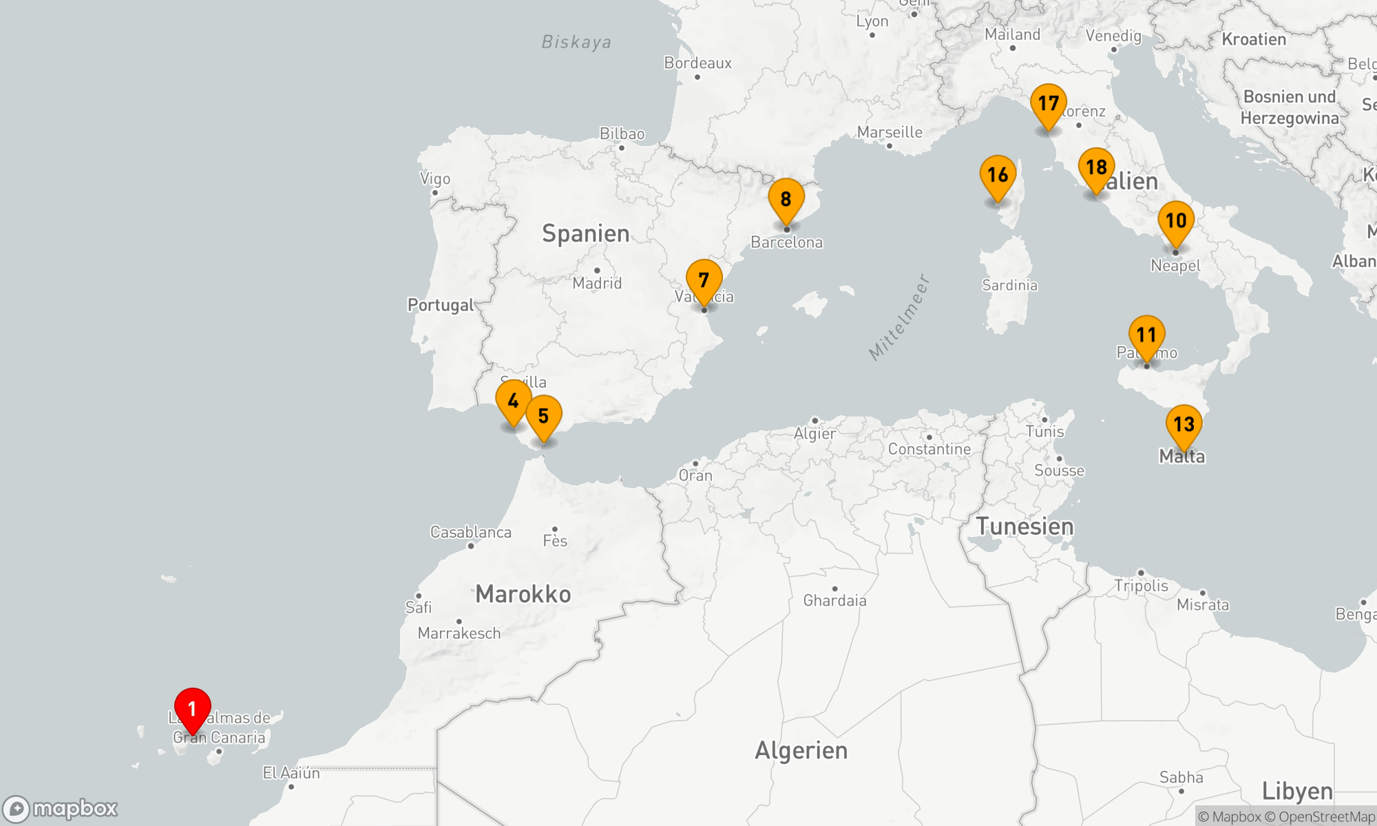 Route 19 Nächte - KANARISCHE INSELN UND MITTELMEER
