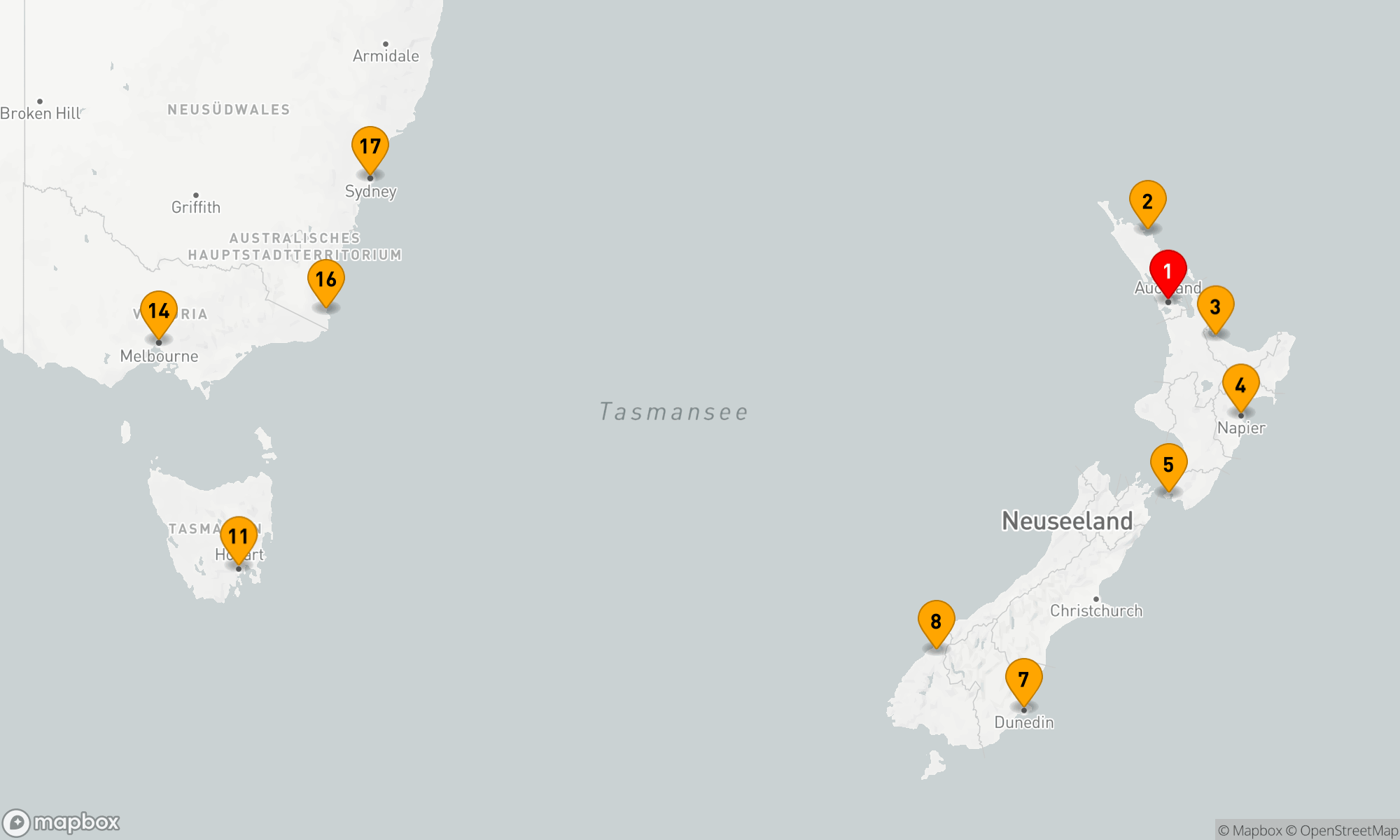 Route 16 Nächte - NEUSEELAND & AUSTRALIEN URLAUBSKREUZFAHRT: AUCKLAND,  HOBART & MELBOURNE