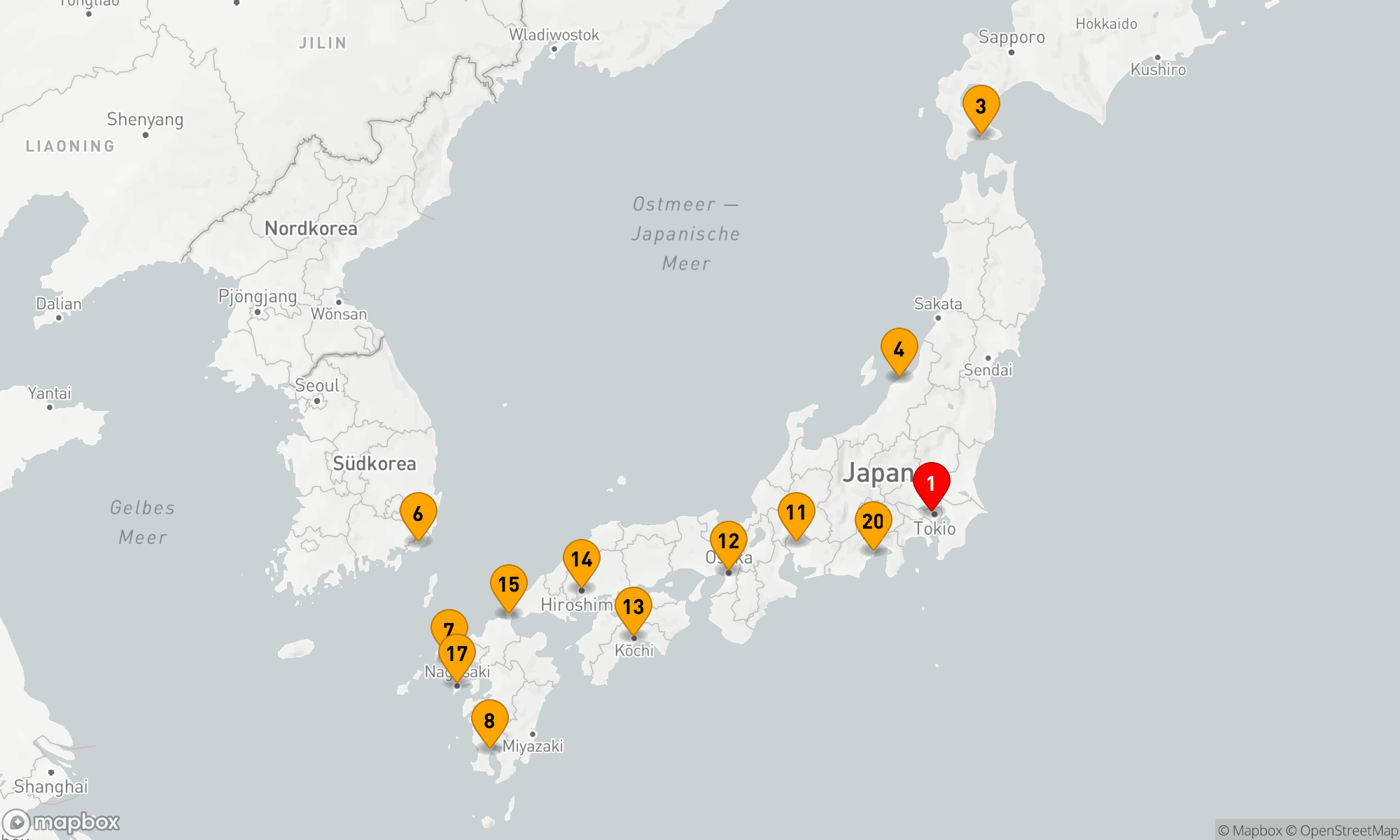 Route 20 Nächte - Großkreis Japan