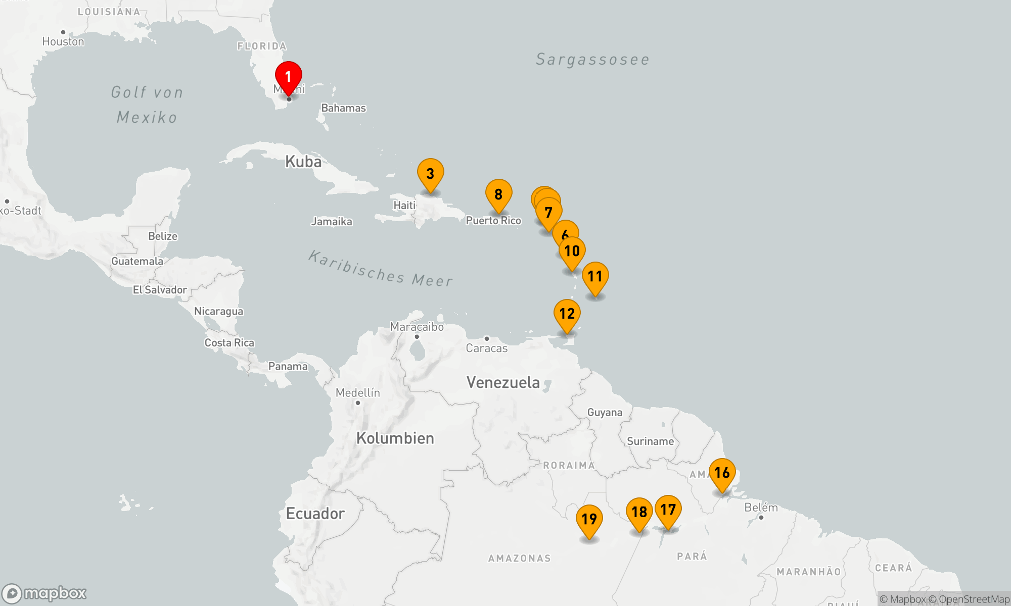 Route 19 Nächte - Von den Stränden Miamis zu den Ufern Amazoniens