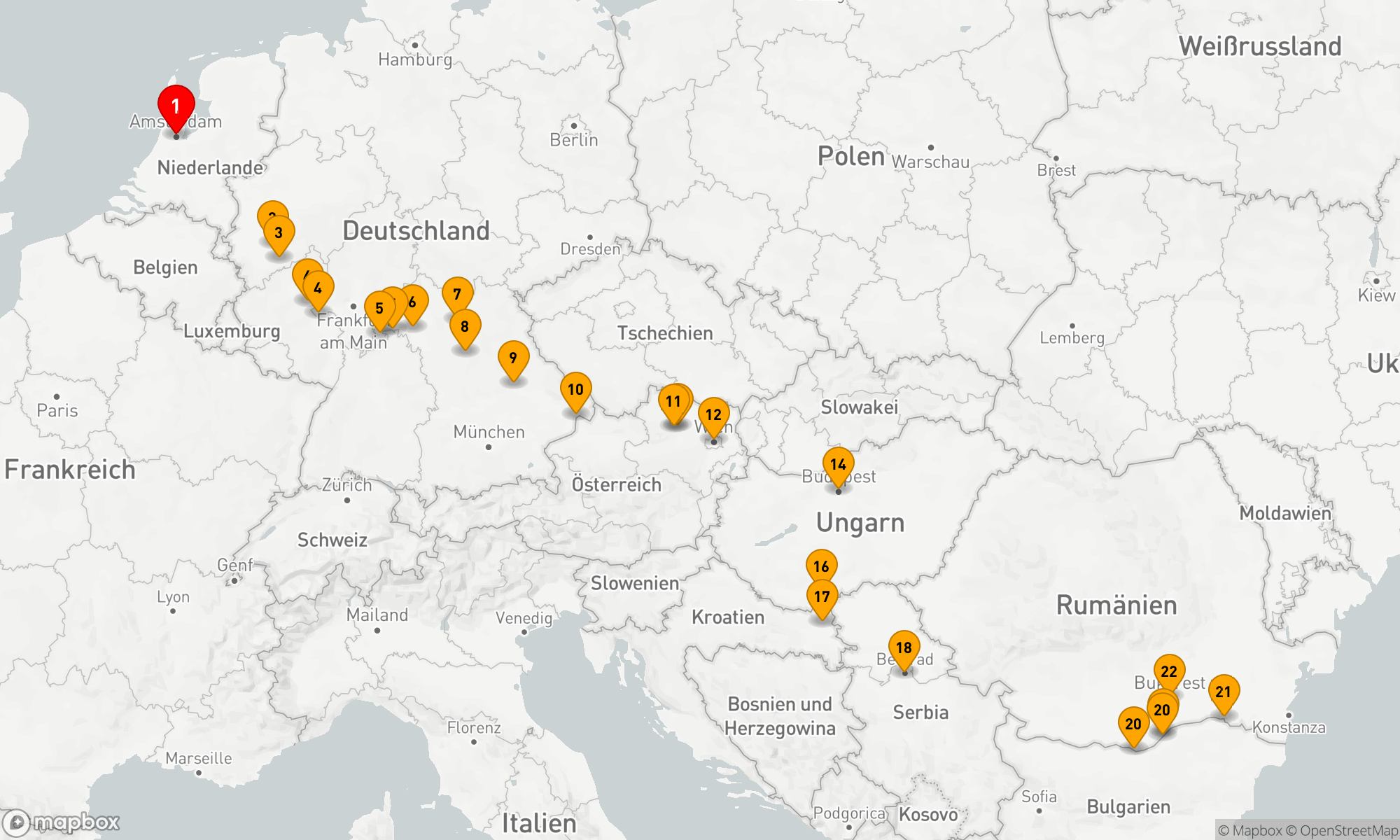 Route 22 Nächte - Ikonisches Europa,  von Amsterdam nach Bukarest