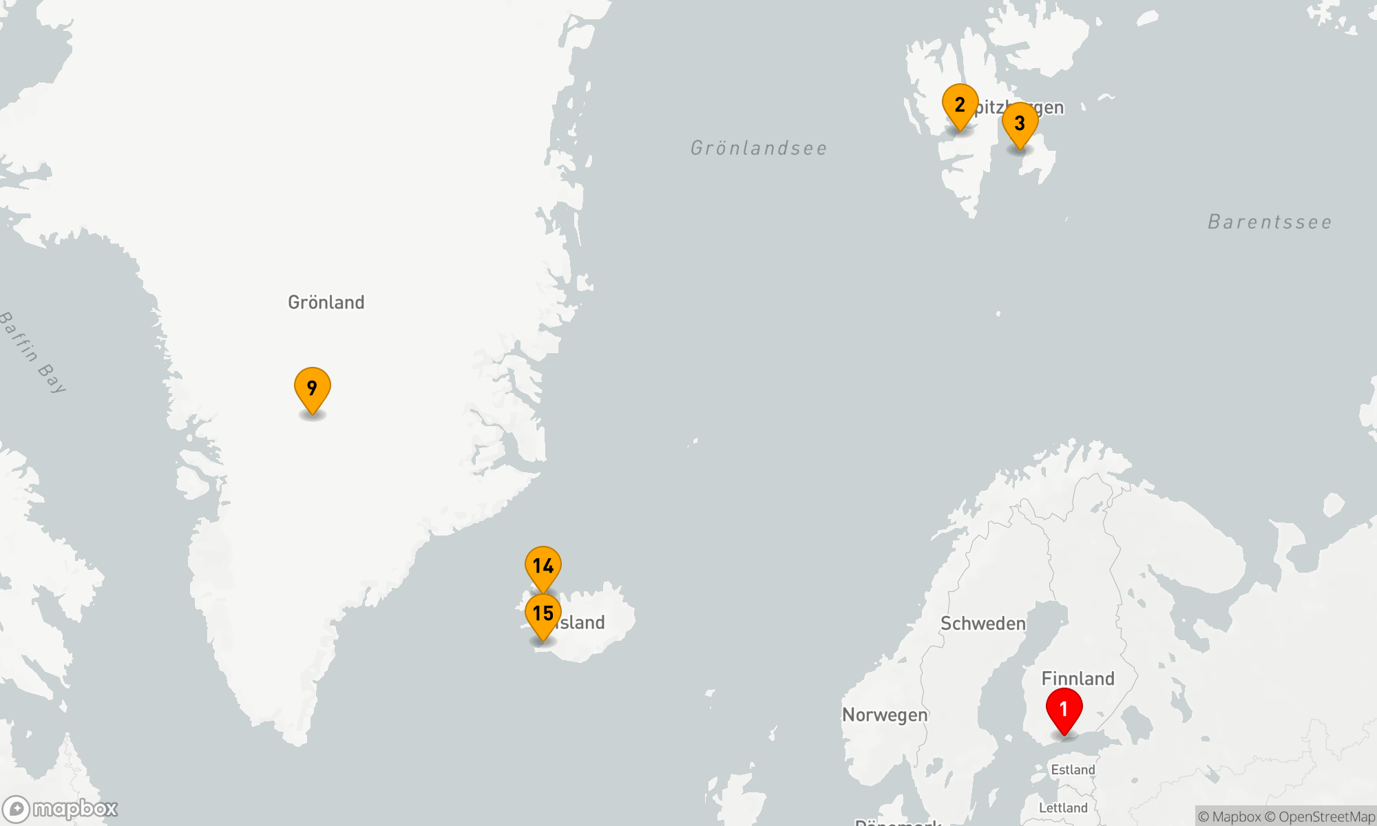 Route 14 Nächte - Drei arktische Inseln: Island,  Grönland,  Spitzbergen