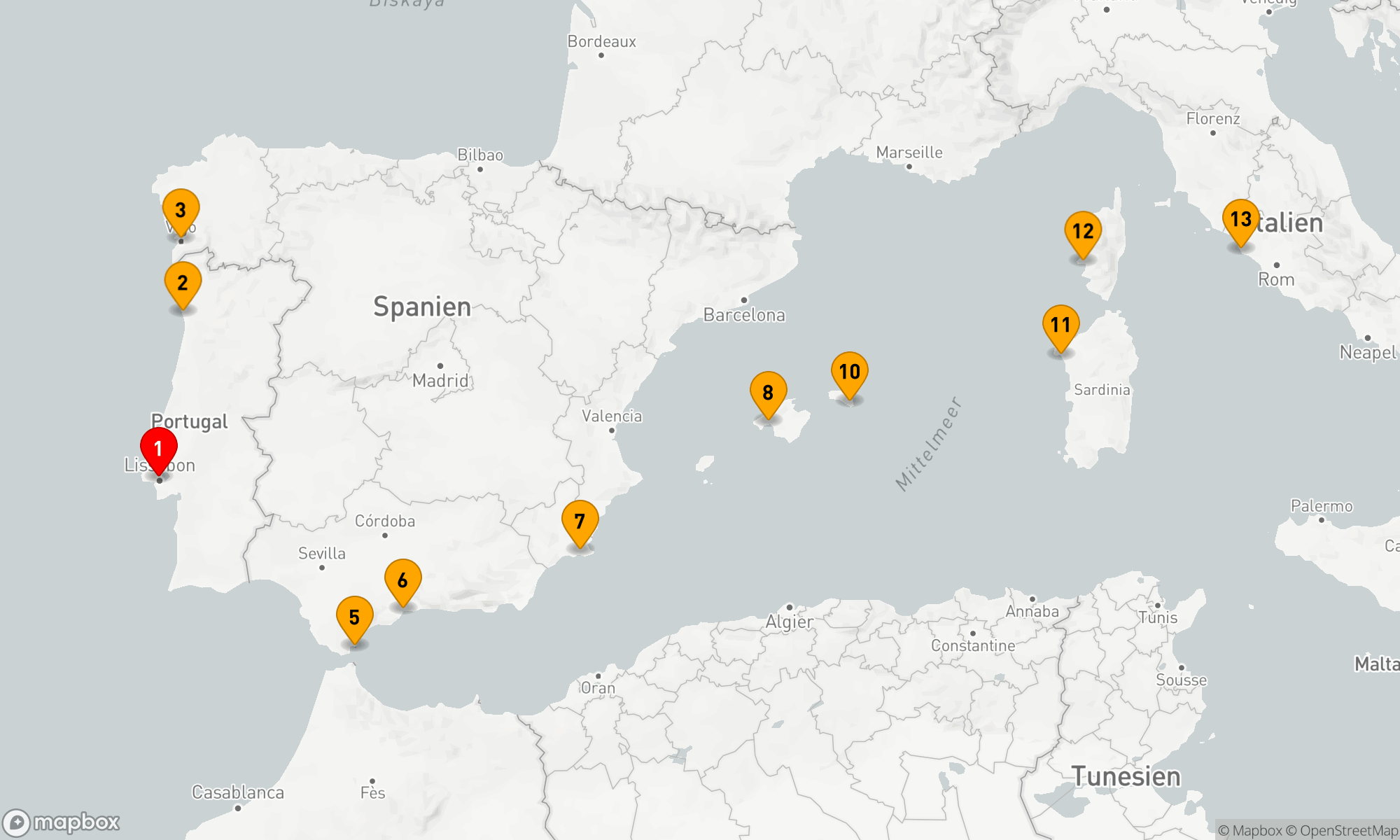 Route 12 Nächte - Von den Ufern Lissabons zu den Schätzen des Mittelmeers