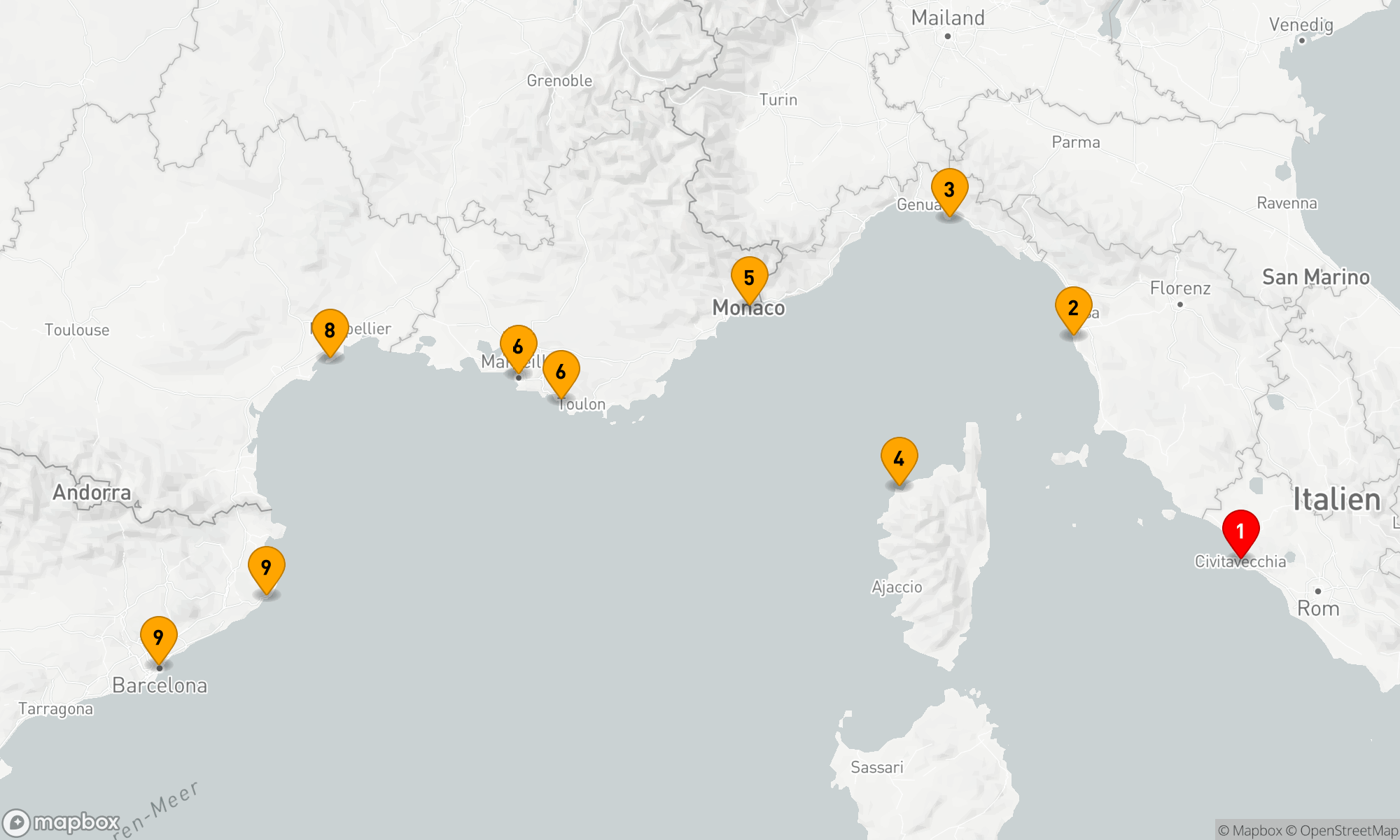 Route 9 Nächte - Mittelmeer-Rivieras: Rom bis Barcelona