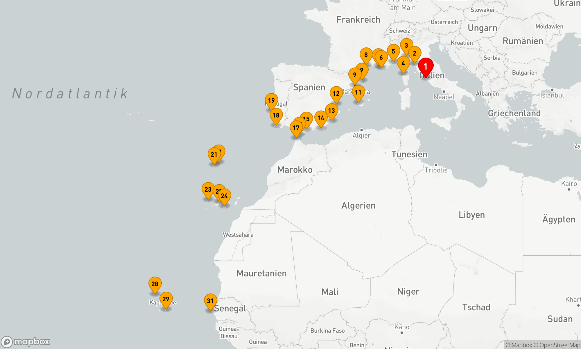 Route 30 Nächte - Ultimate Voyage: Mittelmeer-Riviera & Atlantik-Perlen: Italien bis Afrika
