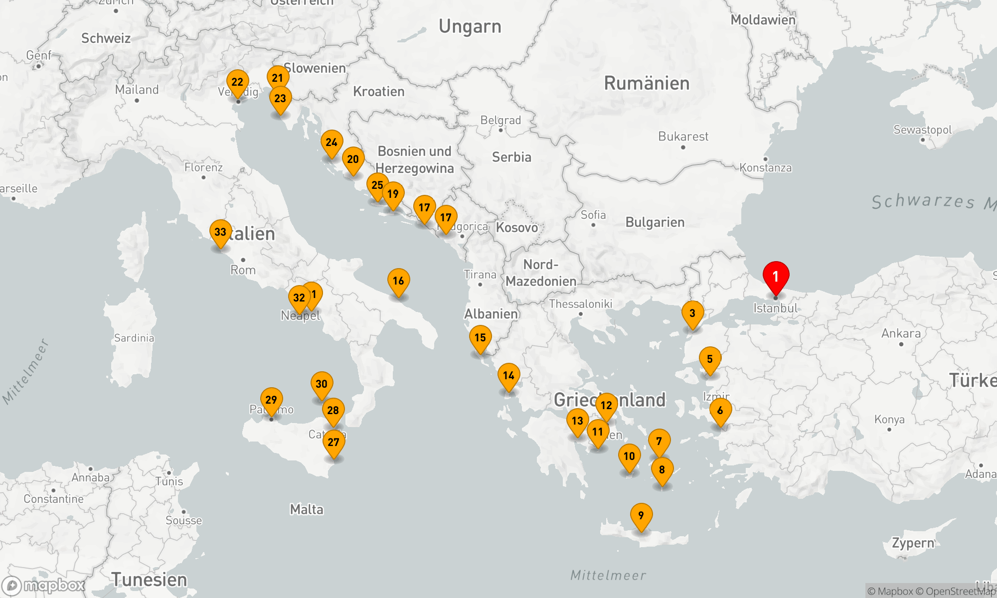 Route 32 Nächte - Ultimative Reise: Antike Reiche,  Adria & Amalfiküste
