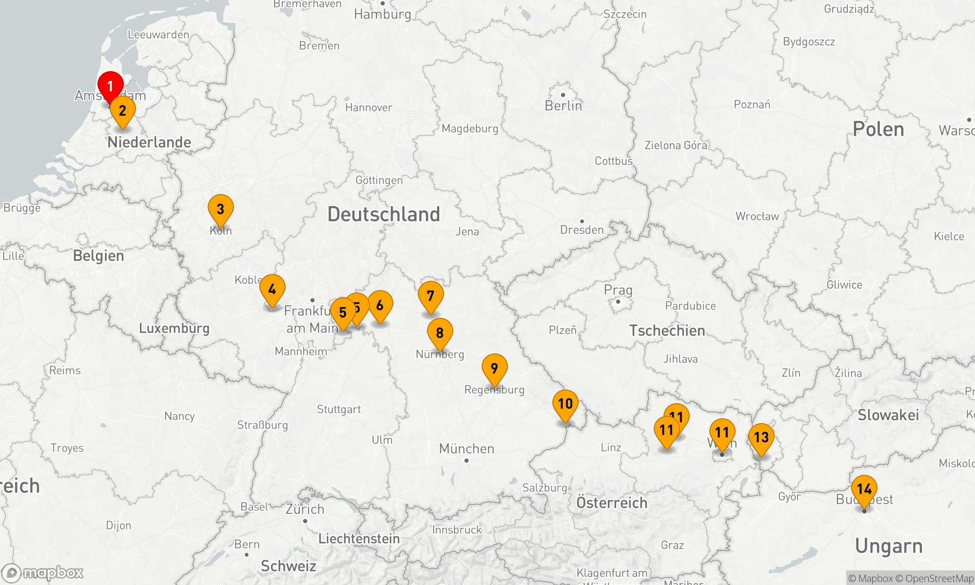 Route 14 Nächte - Quer durch Europa - Amsterdam/Budapest